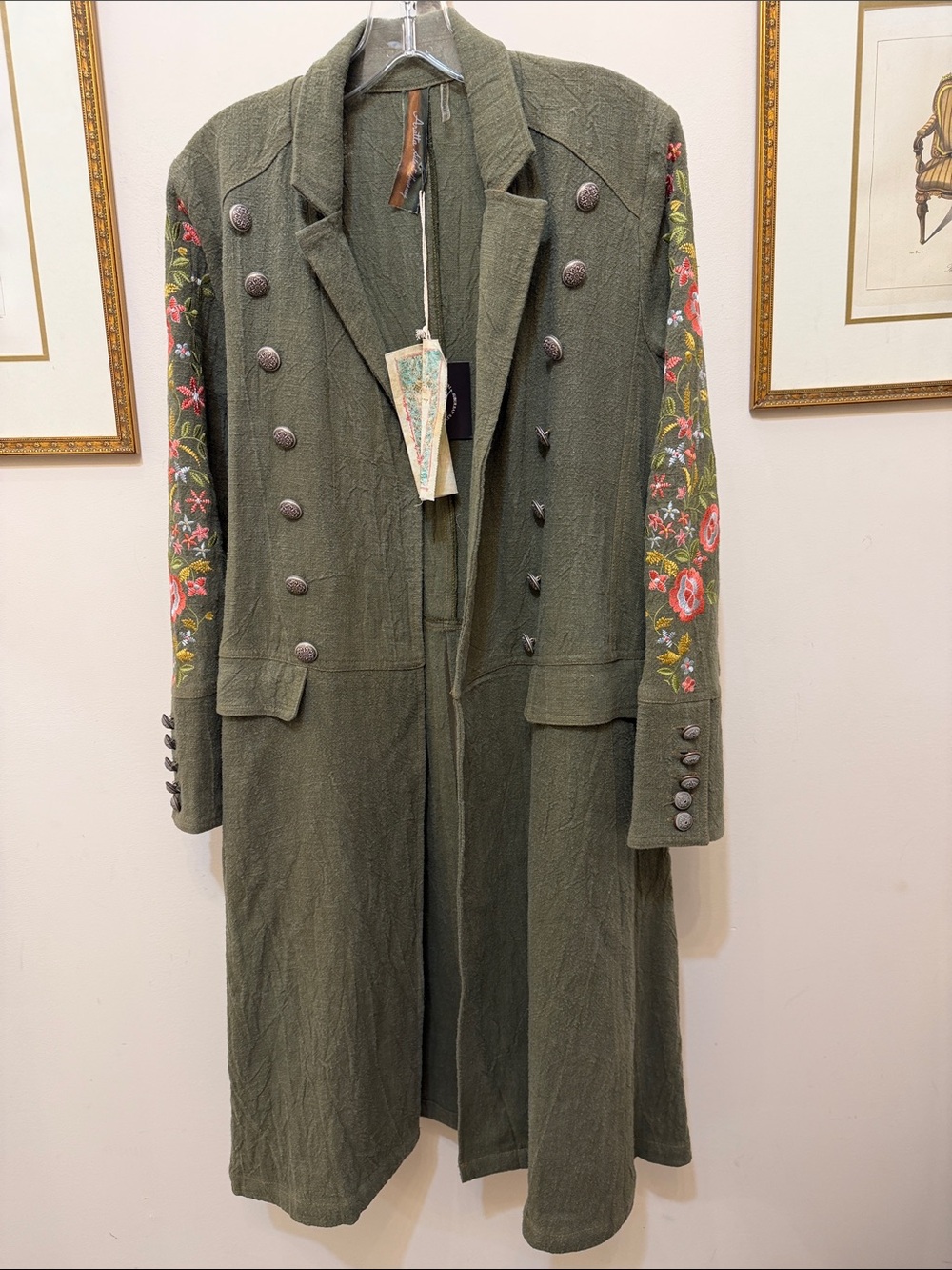 Aratta Cherish Olive Green Embroidered Military Style Army Coat